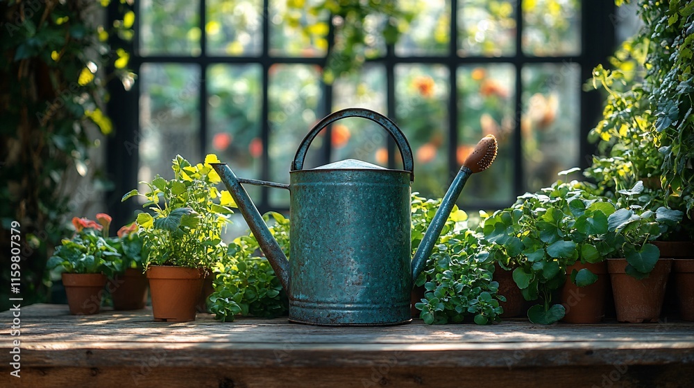 Rustic Watering Can with Garden Plants in Pots Rustic Watering Can with Garden Plants in Pots
