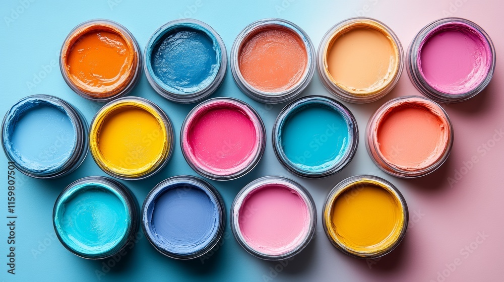 Open paint cans with vibrant colors on blue background Open paint cans with vibrant colors on blue background