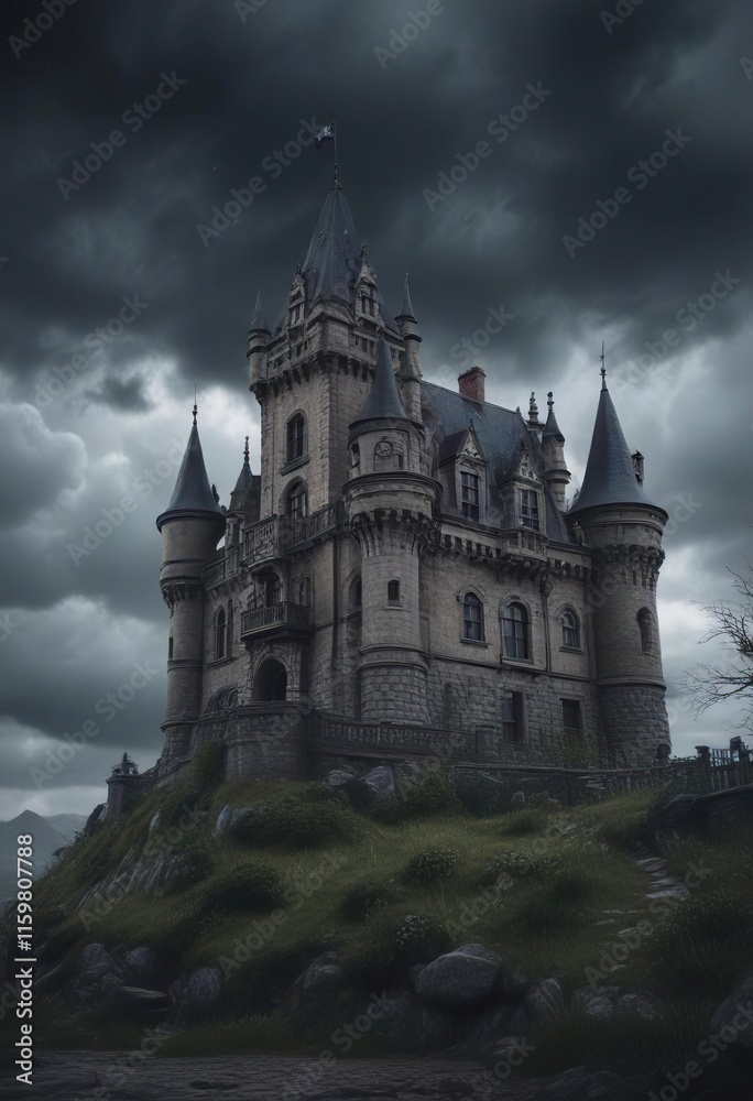 Haunted looking castle with a dark and stormy sky, foggy, mysterious , gloomy Haunted looking castle with a dark and stormy sky, foggy, mysterious , gloomy