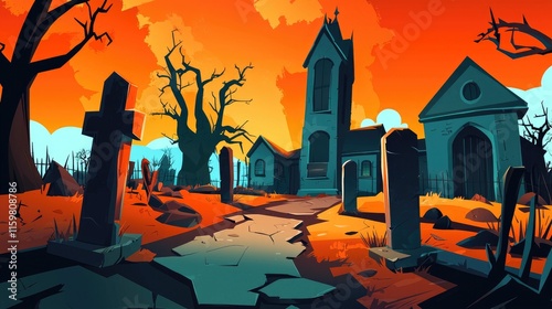 A Spooky Church and Graveyard at Sunset