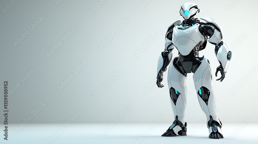 Fototapeta premium Futuristic humanoid robot standing on a light background.