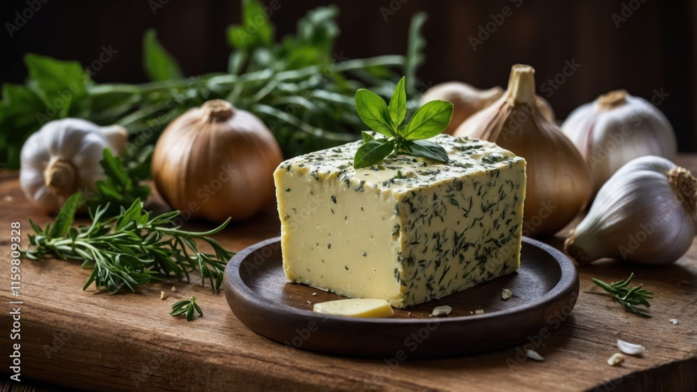 A block of herb-infused cheese surrounded by fresh vegetables and herbs on a wooden surface. A block of herb-infused cheese surrounded by fresh vegetables and herbs on a wooden surface.