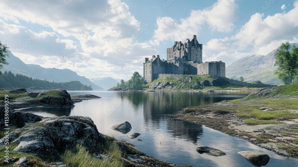 Majestic castle reflected in calm lake, nestled in a valley between mountains under a partly cloudy sky. Majestic castle reflected in calm lake, nestled in a valley between mountains under a partly cloudy sky.