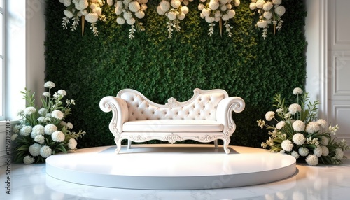  A white sofa with ornate armrests and legs sits on a white circular platform, flanked by white flower arrangements, in a room with a green wall and white flowers.