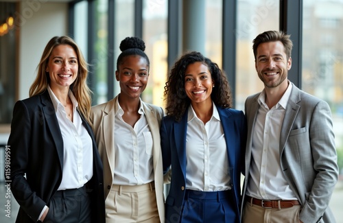 Business team portrait indoor. Diverse group of professionals standing together, smiling, looking at camera. Teamwork, success, modern workplace. Pro, happy employees. Corporate culture. Multi-ethnic