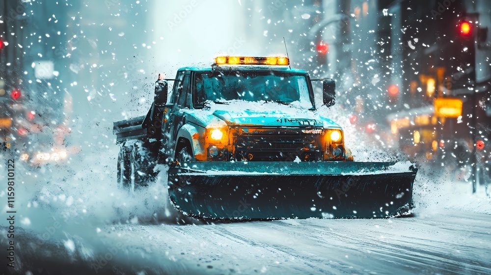 Modern snow-clearing truck in motion, pushing snow to the roadside, illustrated in a bold, graphic novel style Modern snow-clearing truck in motion, pushing snow to the roadside, illustrated in a bold, graphic novel style