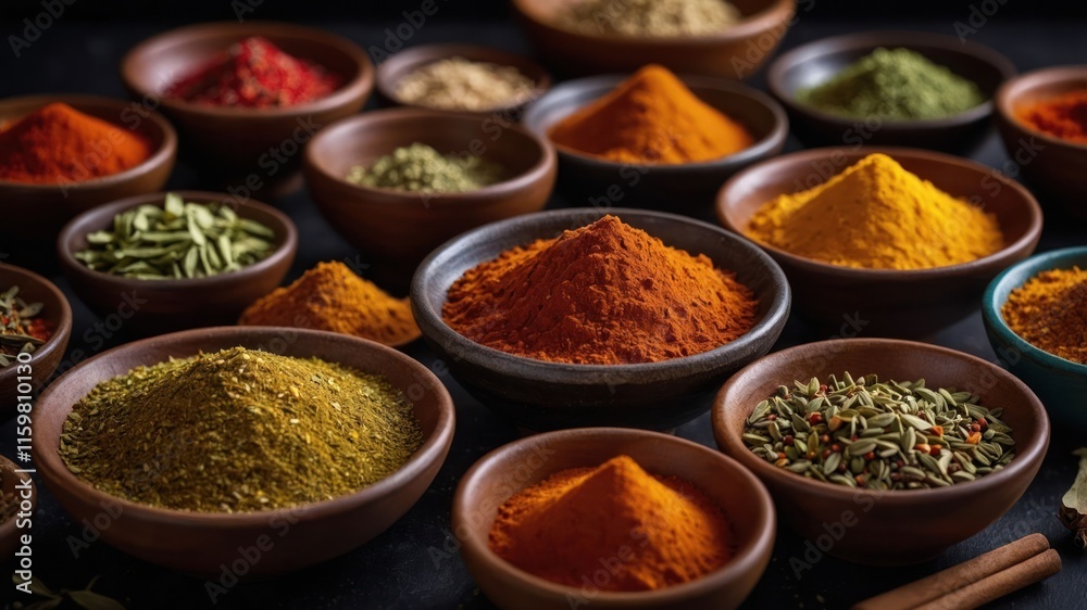 A variety of colorful spices in bowls, showcasing culinary ingredients for cooking. A variety of colorful spices in bowls, showcasing culinary ingredients for cooking.