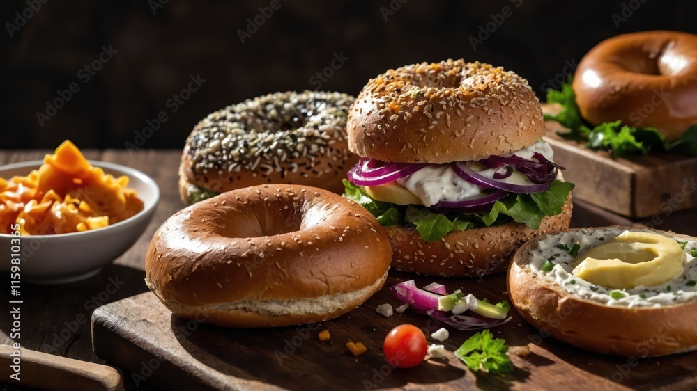 A variety of bagels with toppings and sides arranged on a wooden board. A variety of bagels with toppings and sides arranged on a wooden board.