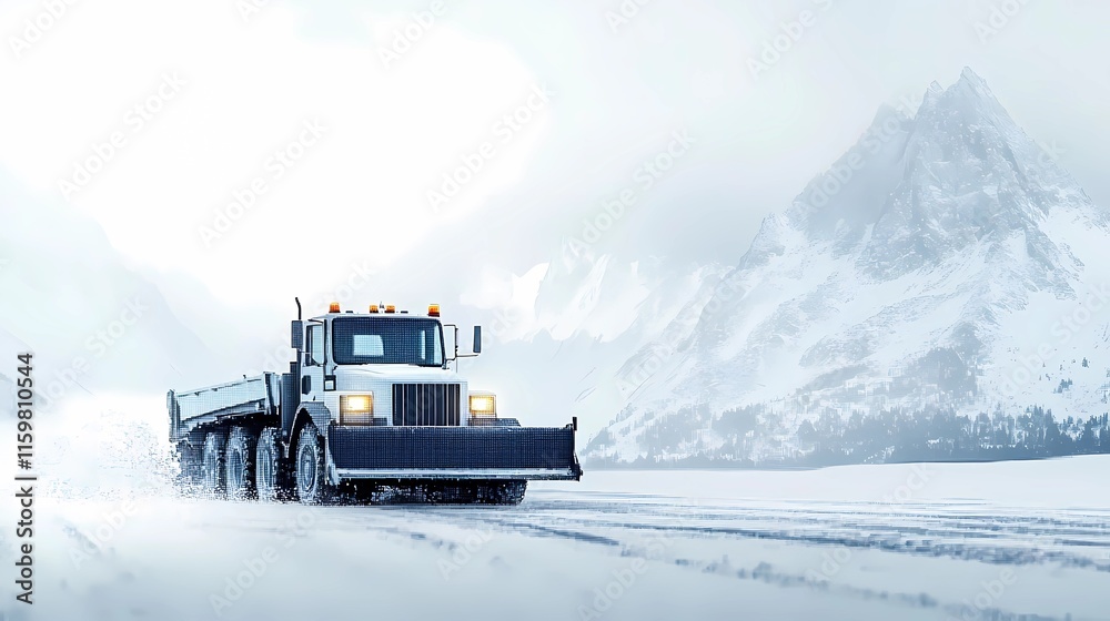 Modern snow-clearing truck in motion, pushing snow to the roadside, illustrated in a bold, graphic novel style Modern snow-clearing truck in motion, pushing snow to the roadside, illustrated in a bold, graphic novel style