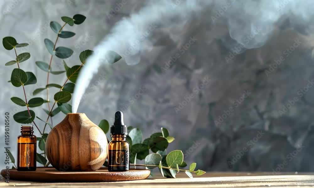 Wooden essential oil diffuser and bottles with eucalyptus branches on rustic surface