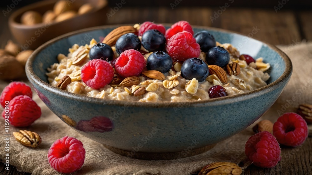 A bowl of oatmeal topped with berries and nuts, showcasing a healthy breakfast option. A bowl of oatmeal topped with berries and nuts, showcasing a healthy breakfast option.