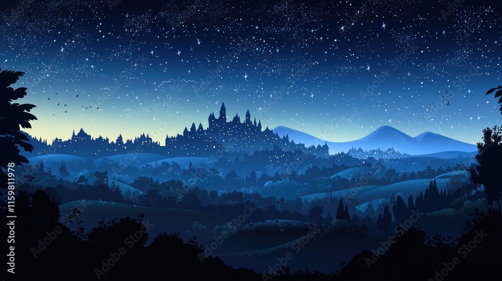 A Silhouetted Castle with a Starry Night Sky over a Forest and Mountains