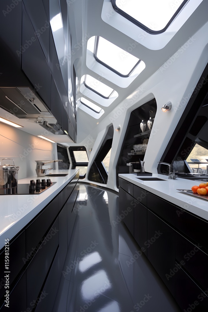 Fototapeta premium Modern Kitchen Interior with Black Cabinets and Skylights
