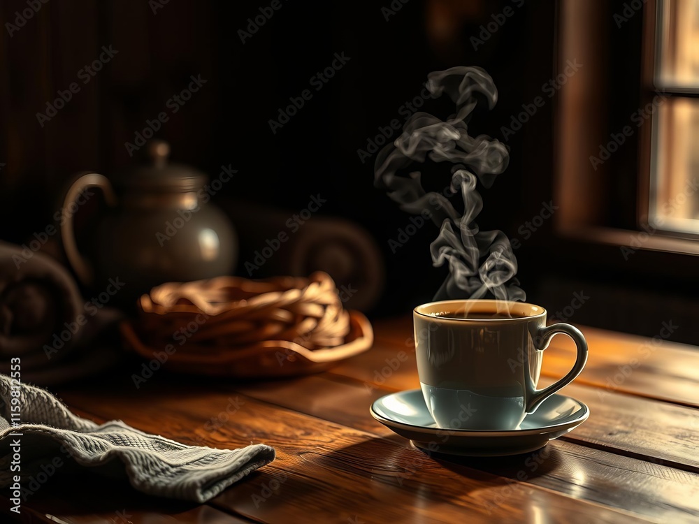 Steaming white coffee cup on wooden table in warm light creating cozy atmosphere, cup, warm light Steaming white coffee cup on wooden table in warm light creating cozy atmosphere, cup, warm light