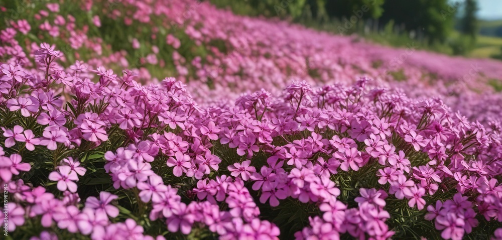 Mass blooming of pink phlox flowers in a field, blossoms, flowering meadow, pink phlox blooms Mass blooming of pink phlox flowers in a field, blossoms, flowering meadow, pink phlox blooms