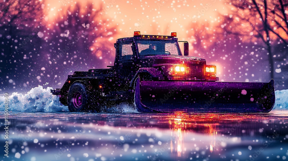 Snowplow machine removing snow on a rural road, providing access after snowfall, illustrated in a soft, painterly art style Snowplow machine removing snow on a rural road, providing access after snowfall, illustrated in a soft, painterly art style