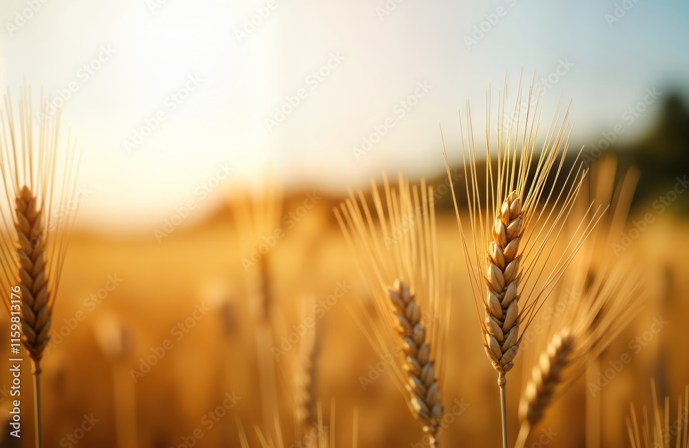 Obraz premium Golden wheat ears in field at sunset. Nature scene ripe wheat. Agricultural landscape with focus on crop growth. Summer autumn day. Abundant harvest. Perfect for food, nature themes. Rural scene