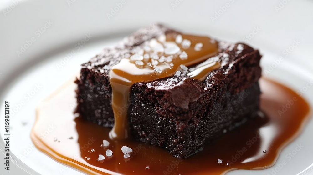 Rich Chocolate Brownie with Caramel Sauce and Sea Salt Garnish Rich Chocolate Brownie with Caramel Sauce and Sea Salt Garnish