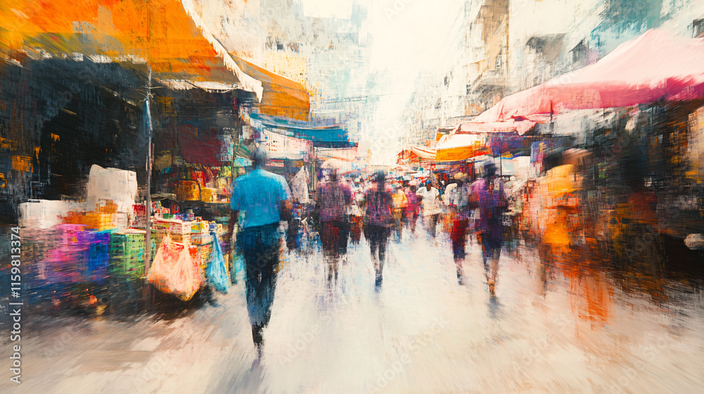 Obraz premium An abstract street market scene, where the stalls, goods, and people are depicted with vibrant splashes of color, blurring together to symbolize the energy and diversity of the market. 