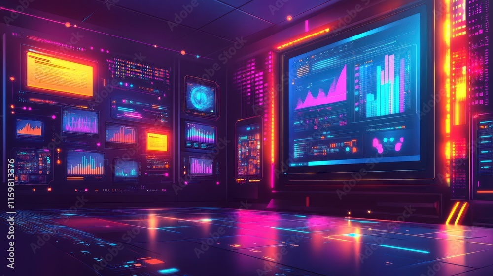 Obraz premium Futuristic control room with vibrant displays showing data analysis and graphs.