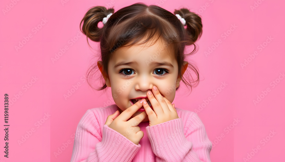 Little girl biting nails on pink background isolated with white highlights, png Little girl biting nails on pink background isolated with white highlights, png