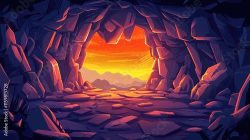 Obraz na płótnie Cave Entrance with Sunset View and Mountain Landscape, 2d cartoon for game background and cartoon cover book w salonie