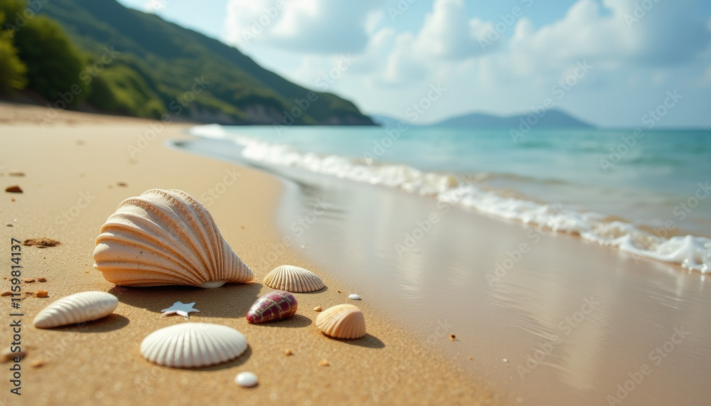 Seashells on a golden beach, tranquil ocean view Seashells on a golden beach, tranquil ocean view