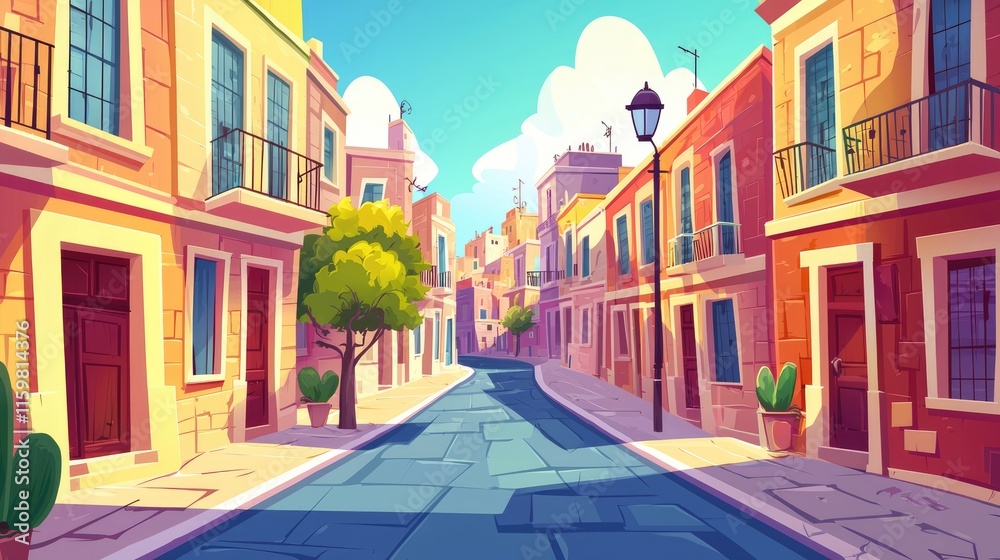 Fototapeta premium A Narrow Cobblestone Street Lined with Colorful Buildings, 2d cartoon for game background and cartoon cover book