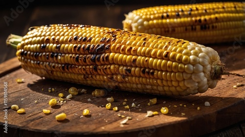 Grilled corn on the cob displayed on a wooden board, showcasing its charred texture. photo