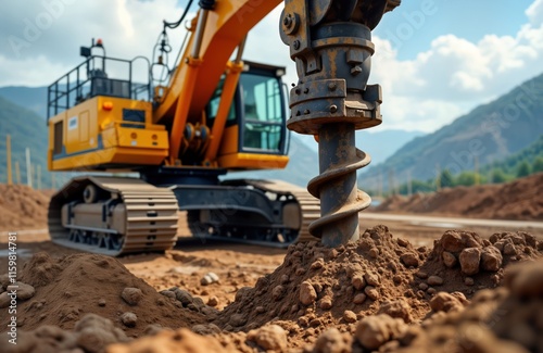 Powerful hydraulic drilling rig drills holes in ground at construction site. Borehole installation of pile foundations. Construction equipment works outdoors on sunny day. Large machine makes deep photo