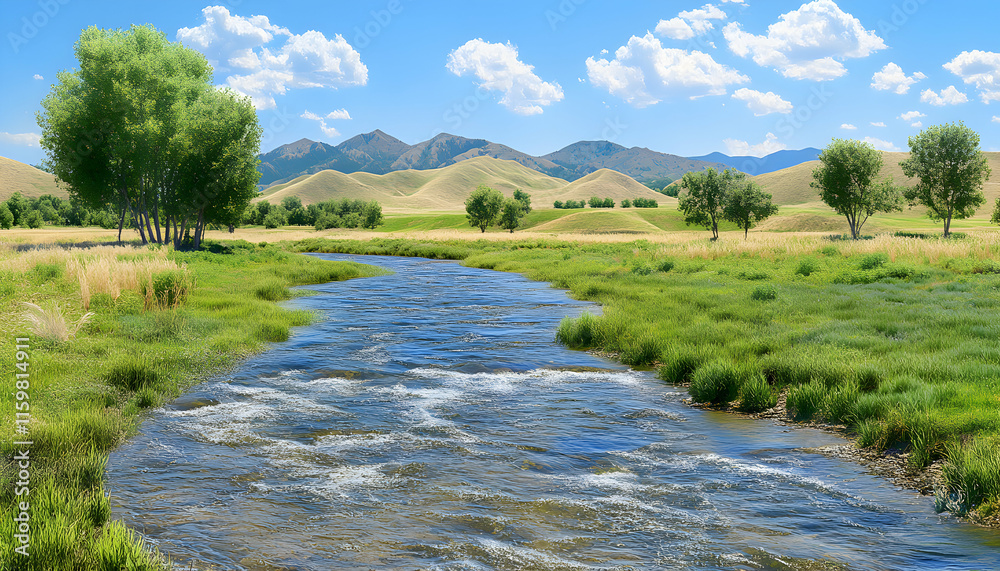 Serene river flowing through lush green meadows under a bright blue sky, majestic mountains in the background. Serene river flowing through lush green meadows under a bright blue sky, majestic mountains in the background.