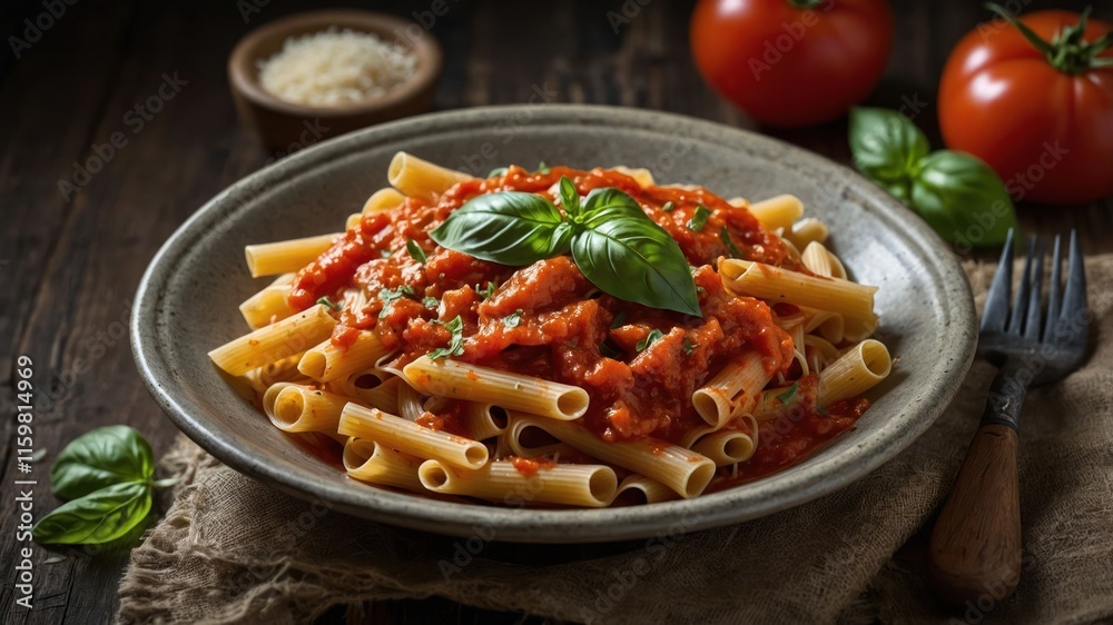 A plate of pasta with tomato sauce, garnished with basil, served on a rustic table. A plate of pasta with tomato sauce, garnished with basil, served on a rustic table.