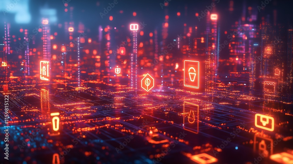 Obraz premium Virtual Space with Glowing Security Icons and Cybersecurity Symbols