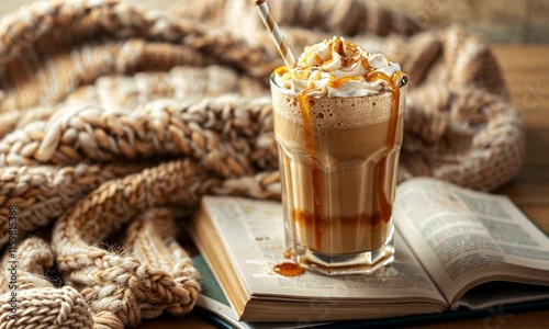 Caramel frappuccino on open book with cozy knitted blanket