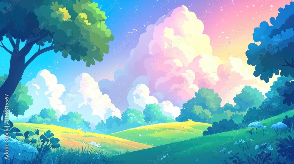 A Vibrant Summer Landscape with Lush Greenery and Pastel Clouds A Vibrant Summer Landscape with Lush Greenery and Pastel Clouds