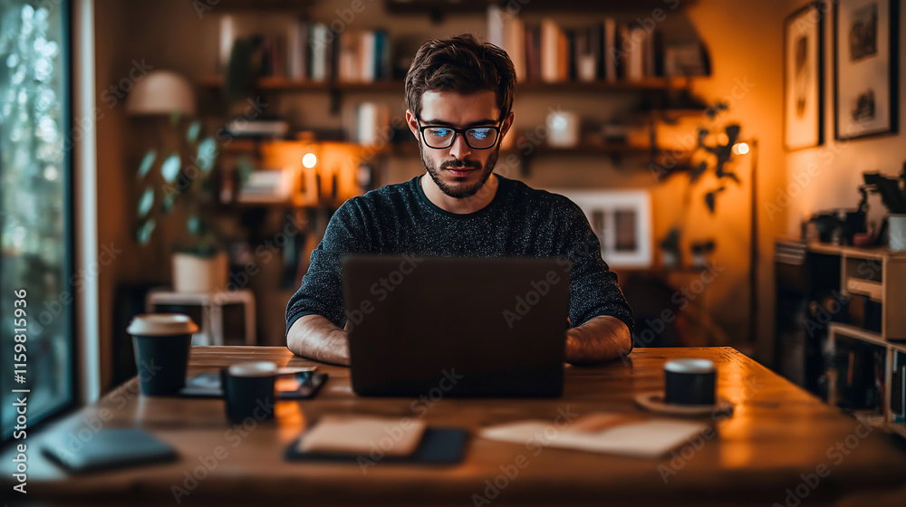 Web Developer Typing Code on Laptop in Cozy Home Office Web Developer Typing Code on Laptop in Cozy Home Office