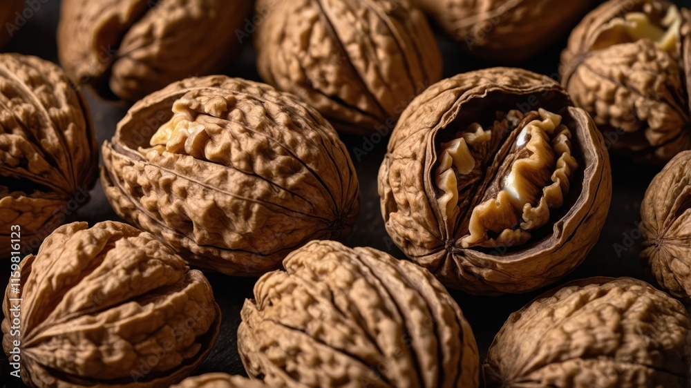 A close-up of walnuts, showcasing their textured shells and exposed nutmeat. A close-up of walnuts, showcasing their textured shells and exposed nutmeat.