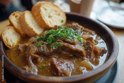 Hungarian tripe stew served with bread photo