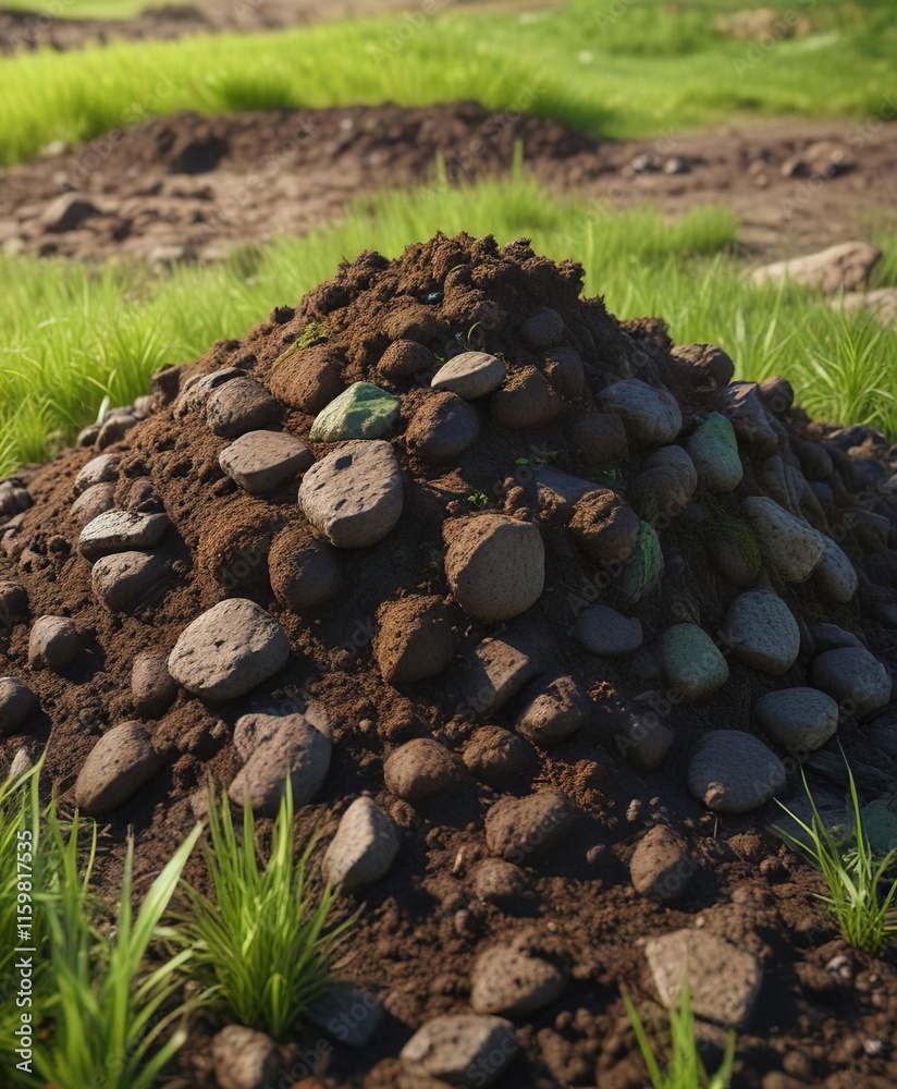 Piled animal manure with green grass around it, pasture, farm crops, agricultural products Piled animal manure with green grass around it, pasture, farm crops, agricultural products