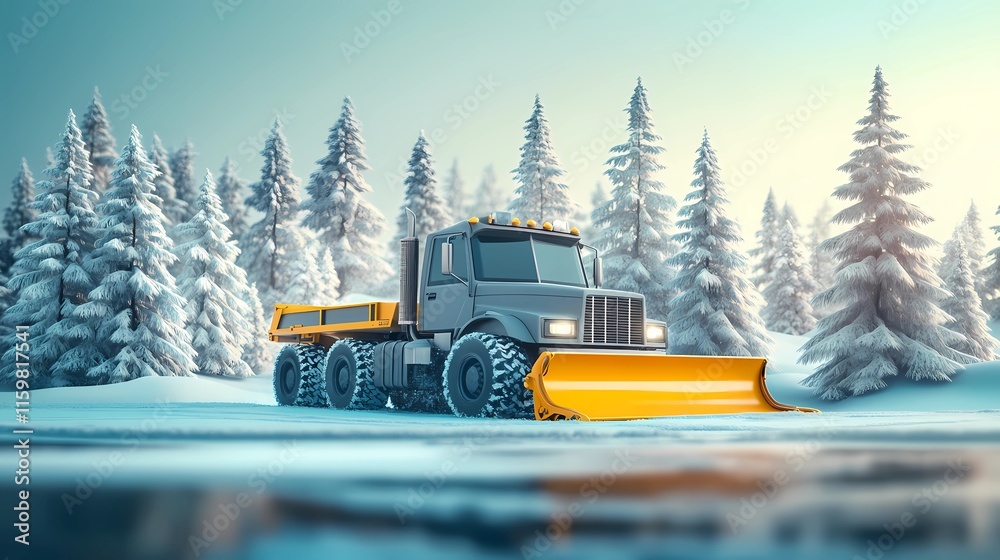 Snow-clearing vehicle pushing snow off the streets, ensuring clear routes for drivers, depicted in a clean and minimal illustration style Snow-clearing vehicle pushing snow off the streets, ensuring clear routes for drivers, depicted in a clean and minimal illustration style