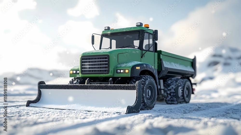 Snow-clearing vehicle pushing snow off the streets, ensuring clear routes for drivers, depicted in a clean and minimal illustration style Snow-clearing vehicle pushing snow off the streets, ensuring clear routes for drivers, depicted in a clean and minimal illustration style
