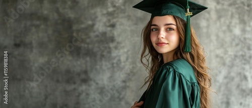 Portrait of a smiling female graduate in a green cap and gown against a gray background.