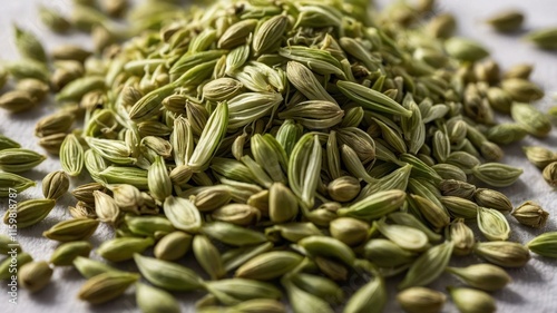 A close-up of green fennel seeds arranged in a pile on a surface. photo