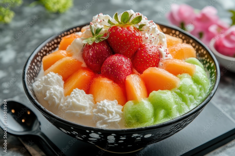 Milk cream fruit bingsu featuring strawberry and melon Milk cream fruit bingsu featuring strawberry and melon