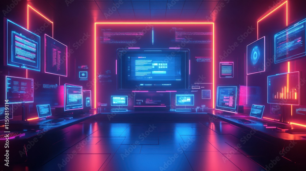 Futuristic tech control room with glowing screens displaying data and code. Futuristic tech control room with glowing screens displaying data and code.
