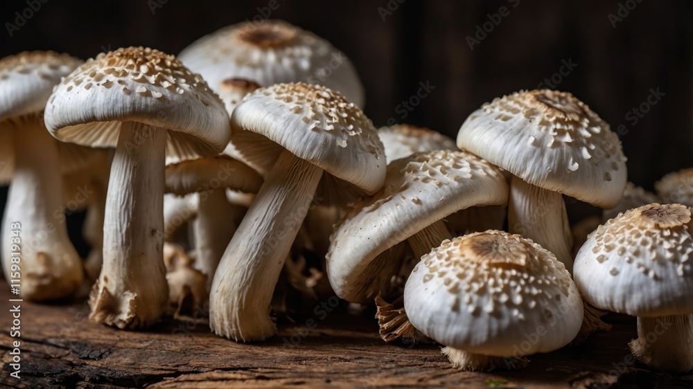A close-up of fresh mushrooms on a wooden surface, highlighting their texture and details. A close-up of fresh mushrooms on a wooden surface, highlighting their texture and details.