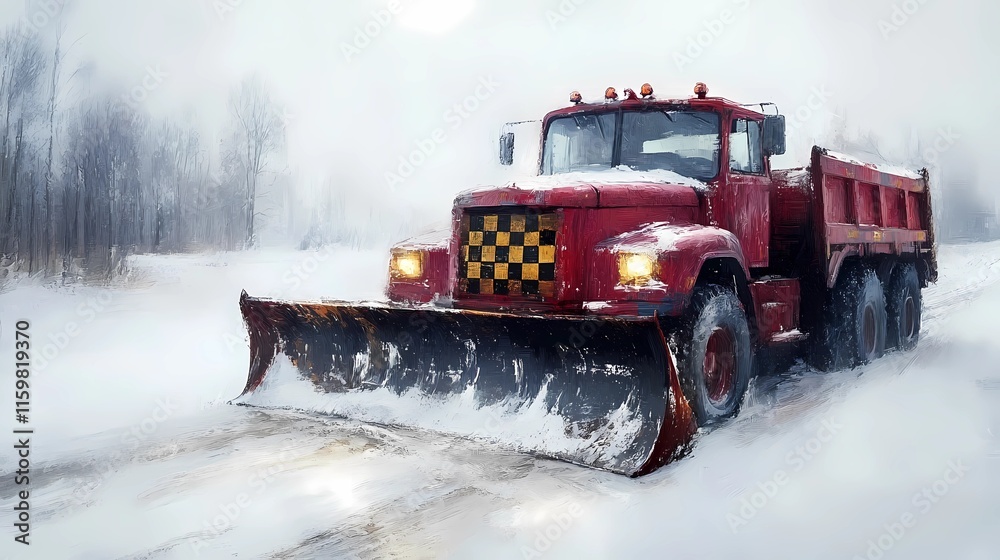 Snowplow machine removing snow on a rural road, providing access after snowfall, illustrated in a soft, painterly art style Snowplow machine removing snow on a rural road, providing access after snowfall, illustrated in a soft, painterly art style