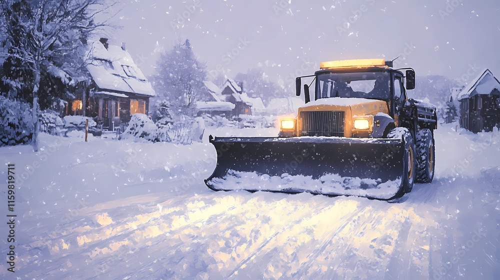 Snowplow machine removing snow on a rural road, providing access after snowfall, illustrated in a soft, painterly art style Snowplow machine removing snow on a rural road, providing access after snowfall, illustrated in a soft, painterly art style