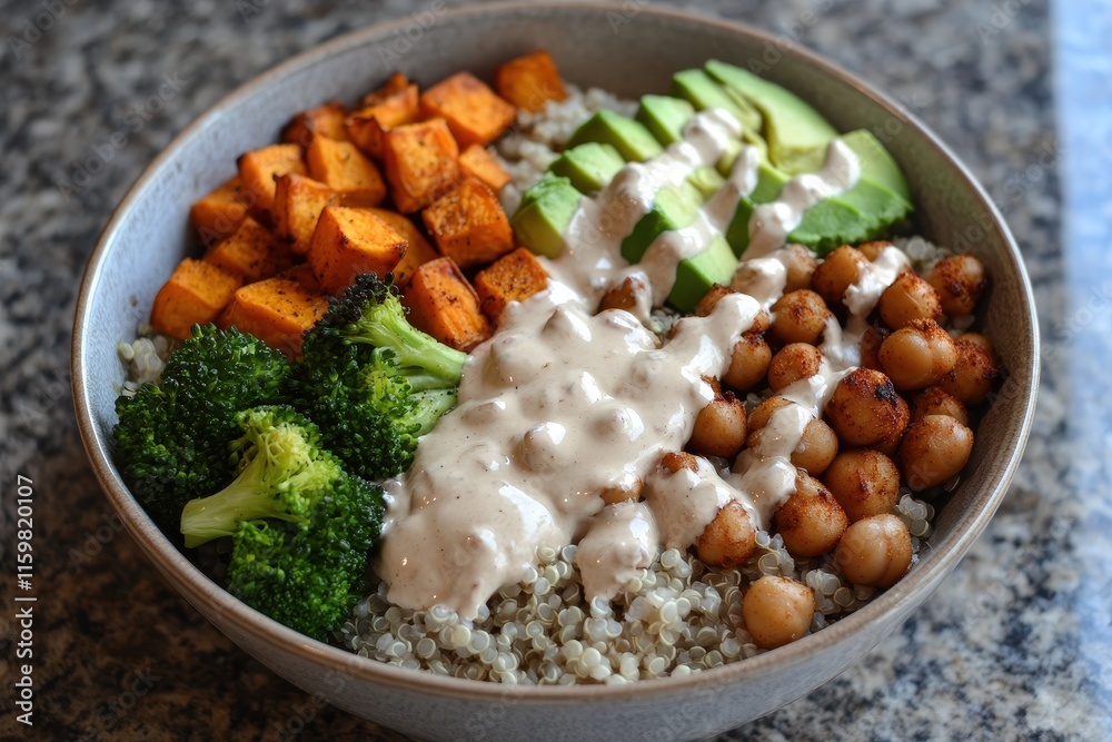 Plant based bowl with brown rice or quinoa sweet potatoes chickpeas broccoli avocado and tahini Plant based bowl with brown rice or quinoa sweet potatoes chickpeas broccoli avocado and tahini