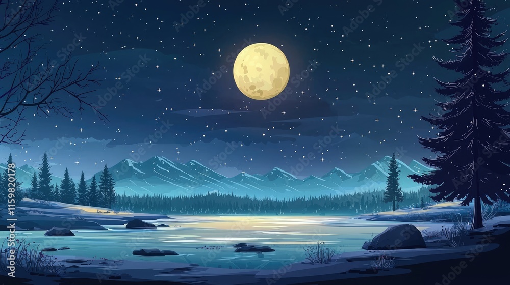 Fototapeta premium Tranquil Nighttime Lake with Full Moon and Mountains